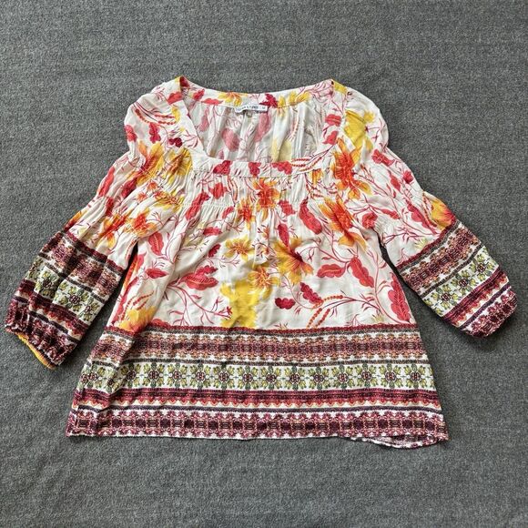 Anthropologie Fig & Flower Floral Top Medium Boho Artsy Red Colorful Peasant - Picture 1 of 8